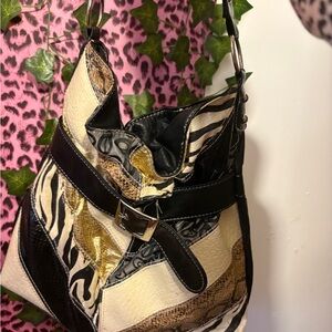 Others Follow Patchwork Shoulder Bag - Black, Gold, Cream